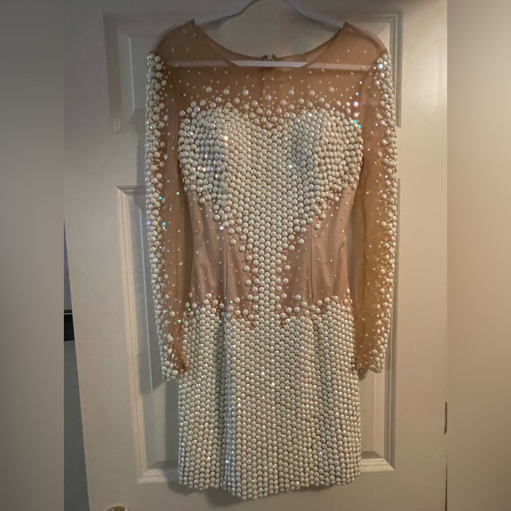 Sherri Hill Nude Illusion Long Sleeve Dress with White Beaded Heart